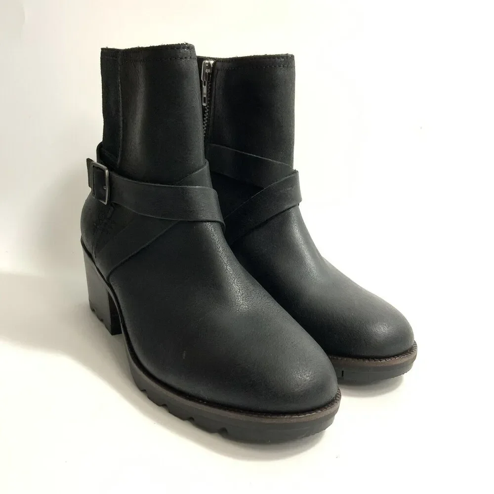 New Sorel Cate Waterproof Leather Boots Harness Buckle Zip Black 7.5